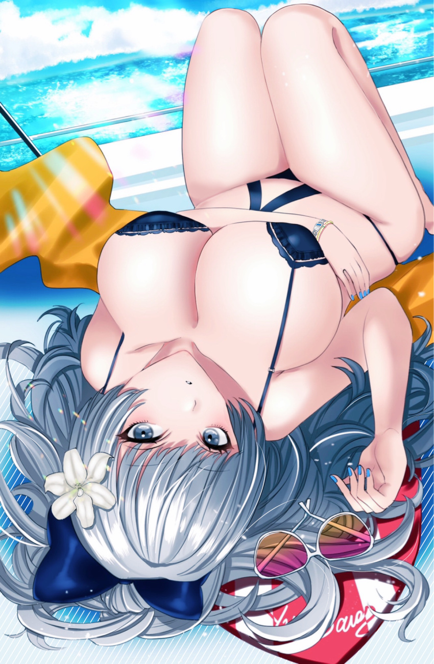 azur_lane bikini blue_nails breasts cleavage female flower grey_eyes grey_hair hair_flower hair_ornament highres huge_breasts linked_bikini looking_at_viewer lying monokini nail_polish official_alternate_costume on_back pink-tinted_eyewear purple_bikini sunglasses swimsuit tinted_eyewear unworn_eyewear vittorio_veneto_(azur_lane) vittorio_veneto_(the_flower_of_la_spezia)_(azur_lane) white-framed_eyewear white_flower yappi~shagan