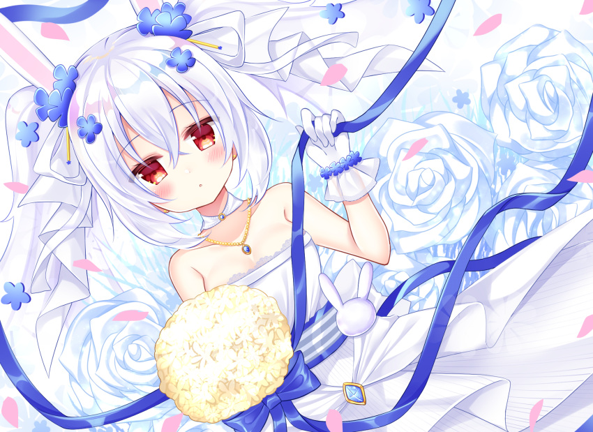 :o animal_ears azur_lane bare_shoulders blue_flower bouquet breasts bride collarbone commentary dress female flower gloves hair_between_eyes hair_flower hair_ornament hair_ribbon hand_up highres jewelry laffey_(azur_lane) laffey_(white_rabbit's_oath)_(azur_lane) long_hair looking_at_viewer official_alternate_costume parted_lips pendant rabbit_ears red_eyes ribbon rose shikito_(yawa0w0) small_breasts solo strapless strapless_dress twintails very_long_hair wedding_dress white_dress white_flower white_gloves white_hair white_ribbon white_rose yellow_flower