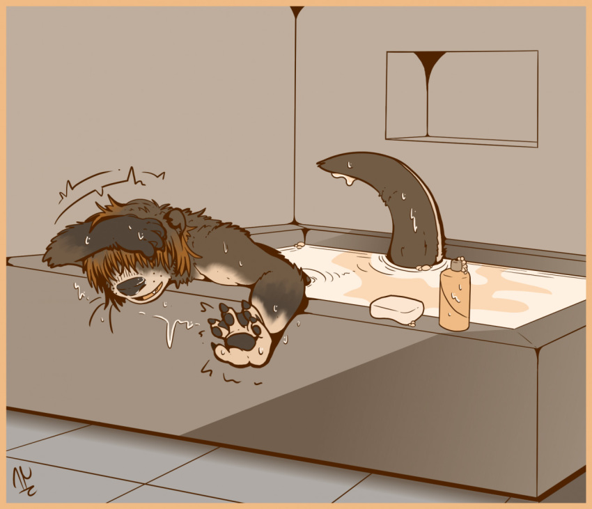 anthro bath bathtub border human human_to_anthro male mammal membrane_(anatomy) mustelid orange_border otter pawpads shampoo snout soap solo species_transformation surrii tail thick_tail transformation water webbed_hands