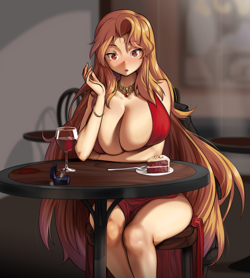 :o alcohol blaccura blonde_hair breasts cake commentary commission cup daidouji_(senran_kagura) dating dress drinking_glass female food fork highres huge_breasts jewelry long_hair looking_at_viewer necklace on_chair red_dress red_eyes red_velvet_cake ring senran_kagura sitting solo very_long_hair wedding_ring wine wine_glass