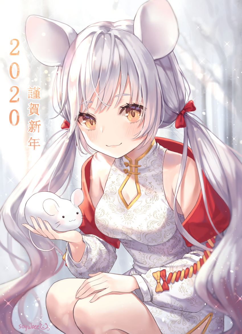 2020 :3 animal animal_ears artist_name bare_shoulders blurry blush bow breasts brown_eyes chinese_zodiac commentary_request depth_of_field dress female hairbow highres holding holding_animal long_hair long_sleeves looking_at_viewer low_twintails medium_breasts mouse_(animal) mouse_ears off_shoulder original outdoors red_bow sleeveless sleeveless_dress smile solo soyubee squatting twintails very_long_hair white_dress white_hair year_of_the_rat