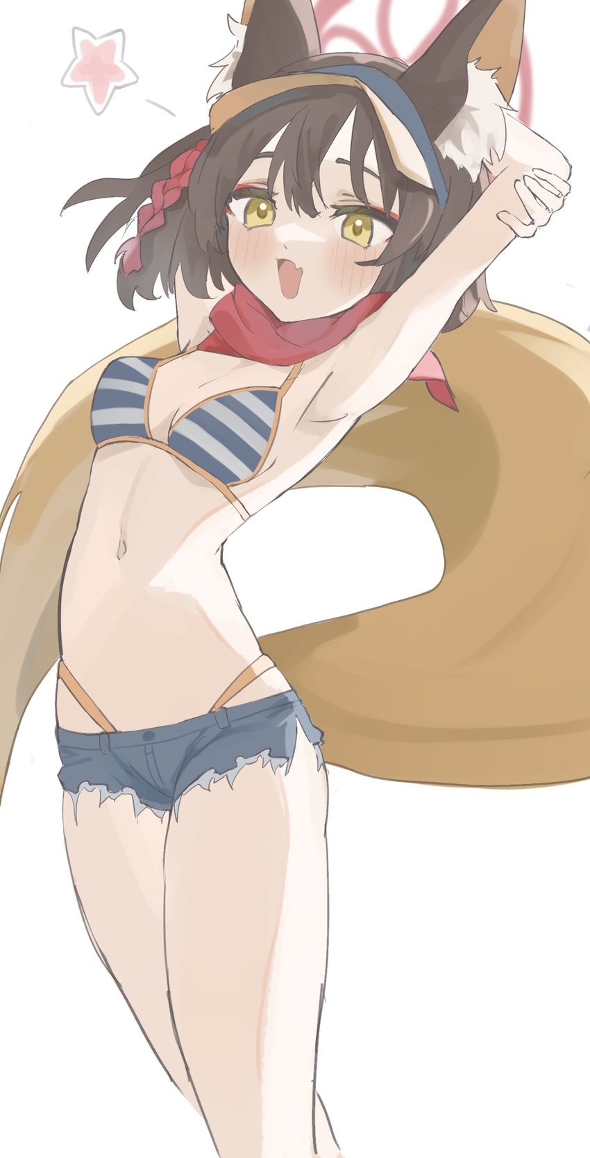 absurdres ainkun animal_ear_fluff animal_ears armpits arms_up bandana bikini blue_archive blush breasts brown_hair cleavage cutoffs denim denim_shorts feet_out_of_frame female fox_ears fox_girl fox_tail halo highleg highleg_bikini highres izuna_(blue_archive) izuna_(swimsuit)_(blue_archive) medium_hair navel oerba_yun_fang open_mouth pink_halo shorts simple_background skin_fang small_breasts solo star_(symbol) striped_bikini striped_clothes swimsuit tail visor_cap white_background yellow_eyes