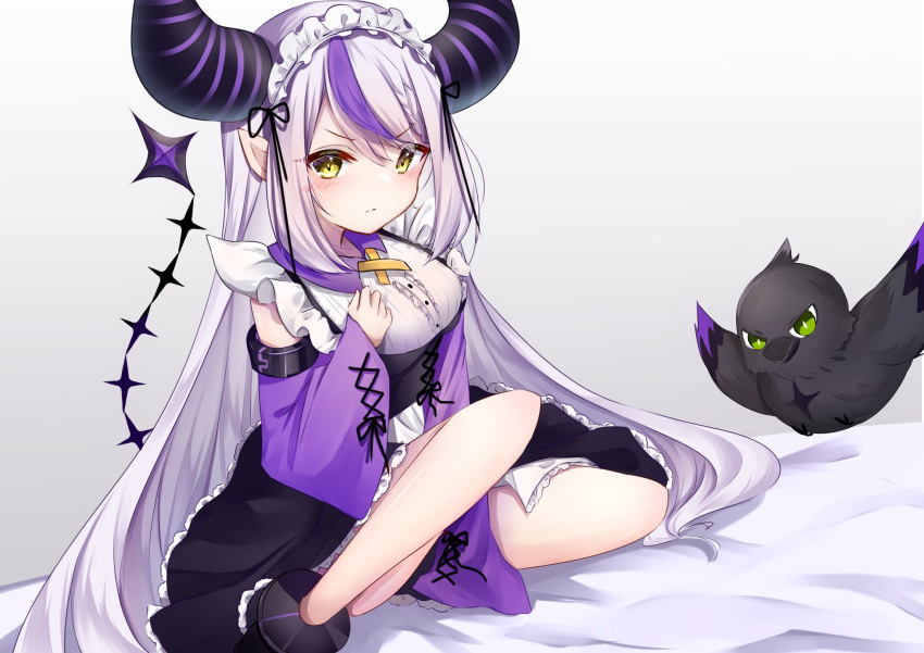 ankle_cuffs bare_legs black_skirt blush center_frills closed_mouth commentary_request corset crow_(la+_darknesss) demon_horns detached_sleeves female frilled_hairband frilled_skirt frills grey_hair hair_between_eyes hairband hand_up highres hololive horns la+_darknesss long_hair long_sleeves looking_at_viewer multicolored_hair pointy_ears purple_hair shirt simple_background sitting skirt solo streaked_hair tail tail_raised very_long_hair virtual_youtuber white_background white_shirt yanagi_uraba yellow_eyes