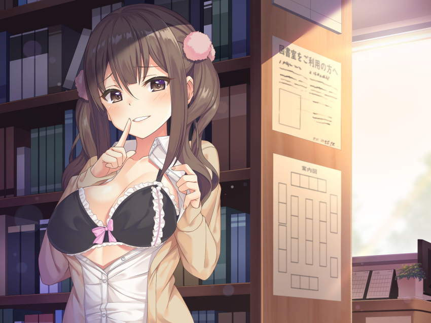 :d black_bra blush book bookshelf bra breasts brown_eyes brown_hair calendar_(object) cardigan cleavage collared_shirt dress_shirt female finger_to_mouth frilled_bra frills hair_bobbles hair_ornament hand_up highres index_finger_raised indoors jacket kouhai_shoujo library long_hair long_sleeves looking_at_viewer medium_breasts official_art open_clothes open_jacket partially_unbuttoned plant potted_plant school_uniform shirt shushing smile solo standing super_nagoyaka twintails unbuttoned unbuttoned_shirt underwear upper_body white_shirt window yayoi_(kouhai_shoujo)