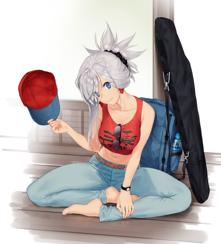 absurdres asymmetrical_hair backpack bag barefoot baseball_cap belt black_scrunchie blue_eyes blue_pants bottle brown_belt casual closed_mouth clothes_writing commentary crop_top denim earrings eyewear_hang fate/grand_order fate_(series) female hair_ornament hair_scrunchie hat head_tilt highres holding holding_clothes holding_hat ikezawa_shin indian_style indoors jeans jewelry looking_at_viewer medium_hair midriff miyamoto_musashi_(fate) miyamoto_musashi_(traveling_outfit)_(fate) navel on_floor pants print_shirt red_hat red_shirt scrunchie shirt short_ponytail sitting smile solo sunglasses tank_top unworn_backpack unworn_bag unworn_eyewear unworn_hat unworn_headwear watch water_bottle weapon_bag white_hair wooden_floor wristwatch