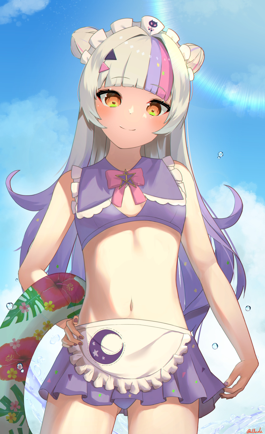 absurdres adapted_costume alternate_costume bikini bikini_skirt bizusuhatu123 blue_sky blunt_bangs bow bowtie breasts closed_mouth cloud cloudy_sky commentary_request day female floral_print gradient_hair grey_hair hair_ornament hibiscus_print highres hololive innertube long_hair looking_at_viewer maid_headdress multicolored_hair murasaki_shion murasaki_shion_(magical_girl_maid) nail_polish navel orange_eyes pink_bow pink_bowtie pink_hair pleated_skirt print_innertube purple_bikini purple_hair purple_nails shiny_skin sidelocks signature skirt sky small_breasts smile solo standing streaked_hair swim_ring swimsuit thighs virtual_youtuber