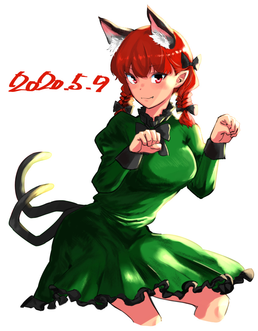 absurdres animal_ear_fluff animal_ears bad_id bad_pixiv_id braid breasts cat_ears cat_tail cropped_legs dated dress extra_ears female green_dress highres kaenbyou_rin large_breasts light_smile multiple_tails nekomata oerba_yun_fang paw_pose pointy_ears red_eyes red_hair sen_(daydream_53) simple_background solo tail touhou twin_braids twintails two_tails white_background