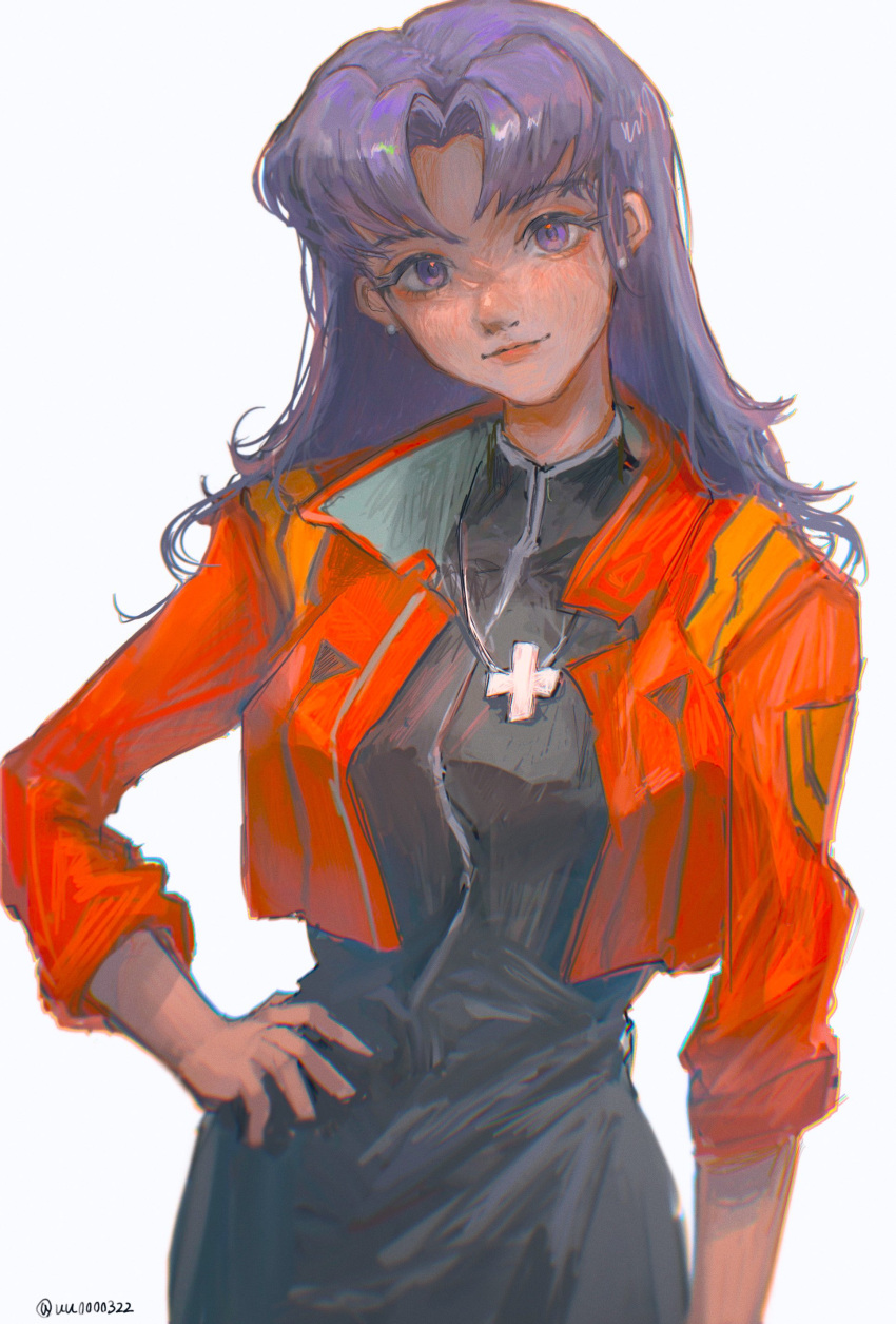 absurdres breasts cross earrings female highres jacket jewelry katsuragi_misato lips lipstick looking_at_viewer makeup neon_genesis_evangelion purple_eyes purple_hair red_jacket simple_background smile solo twitter_username uu0000322 white_background