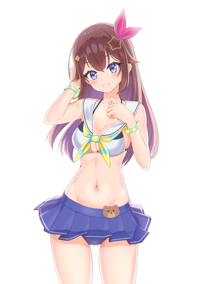 blue_eyes blush breasts brown_hair cleavage diamond_hair_ornament dorai female hair_flaps hair_ornament hair_ribbon hairclip highres hololive idol long_hair looking_at_viewer medium_breasts navel official_alternate_costume pleated_skirt red_ribbon ribbon skirt solo star_(symbol) star_hair_ornament swimsuit tokino_sora tokino_sora_(hololive_summer_2019) virtual_youtuber