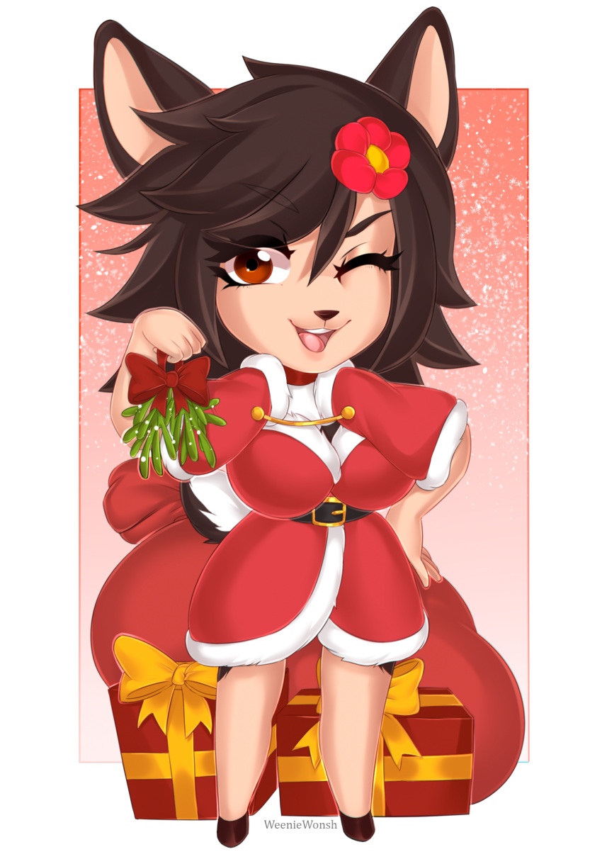 2019 anthro anthrofied belt big_breasts black_hair breasts chibi christmas cleavage clothed clothing deerling digital_media_(artwork) female flower fur generation_5_pokemon gift hair hand_on_hip hi_res holidays hooves horae_deerling mistletoe nintendo one_eye_closed open_mouth plant pokemon pokemon_(species) robe sack shaded short_stack smile solo weeniewonsh wink winter_deerling