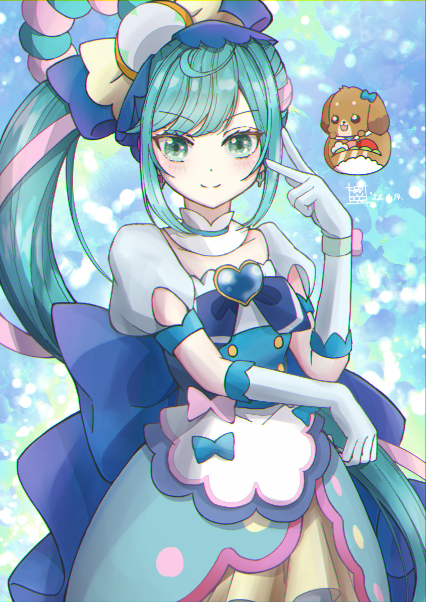 absurdres apron back_bow blue_background blue_bow blue_eyes blue_hair bow brooch canine closed_mouth cowboy_shot creature cure_spicy dated delicious_party_precure detached_collar elbow_gloves female fuwa_kokone gloves hair_ornament hair_rings hairbow heart heart_brooch highres jewelry long_hair looking_at_viewer magical_girl multicolored_hair pam-pam_(precure) pink_hair precure puffy_sleeves sakihi signature skirt smile standing two-tone_hair white_gloves yellow_skirt