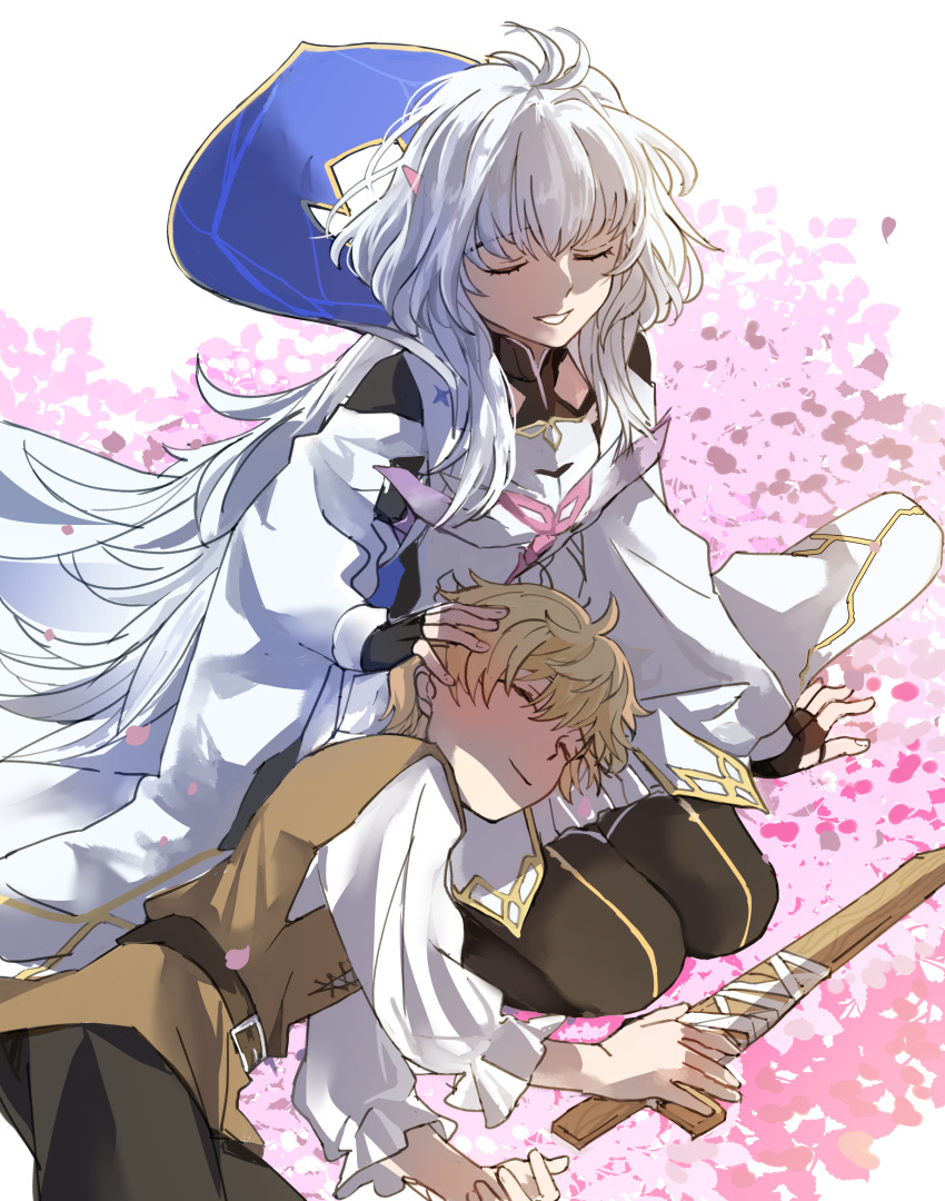 1boy absurdres arthur_pendragon_(fate) black_legwear black_pants blonde_hair closed_eyes dress fate/grand_order fate/grand_order_arcade fate/prototype fate_(series) female highres lap_pillow long_hair lying merlin_(fate/prototype) merlin_(fate/prototype)_(third_ascension) on_side pants shirt sitting sword thighhighs tsengyun tunic very_long_hair wariza weapon white_dress white_hair white_shirt wooden_sword