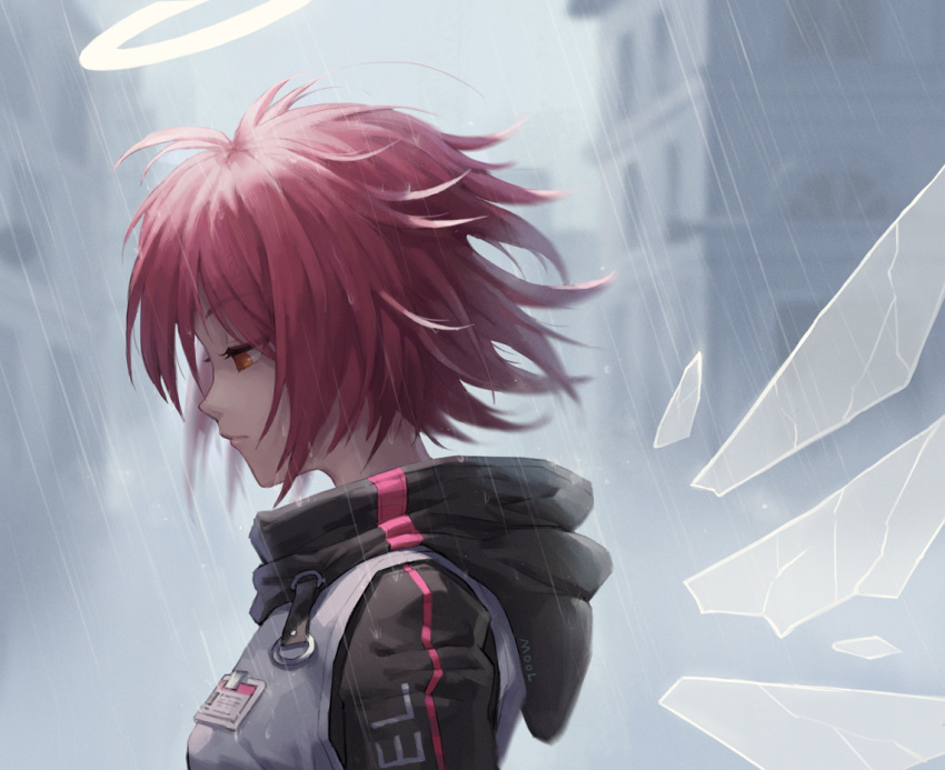 arknights blue_jacket brown_eyes chinese_commentary commentary_request exusiai_(arknights) female from_side halo hood hood_down hoodie jacket mool_yueguang outdoors photoshop_(medium) rain short_hair sleeveless sleeveless_jacket solo