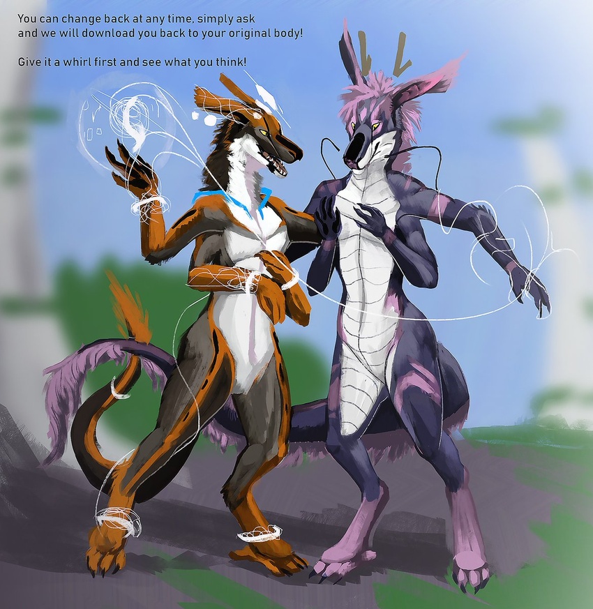 4_fingers 4_toes ambiguous_gender anthro biological digitigrade dragon duo feet fingers hi_res implied_transformation multi_arm multi_limb mythological_creature mythological_scalie mythology scalie standing tail text toes wrought