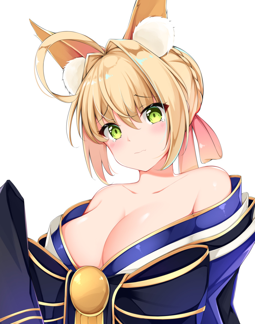 absurdres ahoge animal_ear_fluff animal_ears bad_id bad_pixiv_id bare_shoulders black_bow blonde_hair blue_kimono blush bow breasts catnnn cleavage closed_mouth collarbone commentary cosplay fang_out fate/grand_order fate_(series) female fox_ears hair_intakes highres japanese_clothes kemonomimi_mode kimono kimono_pull large_breasts nero_claudius_(fate) nero_claudius_(fate/extra) oerba_yun_fang official_alternate_costume short_hair simple_background skin_fang solo tamamo_(fate) tamamo_no_mae_(fate/extra) tamamo_no_mae_(fate/extra)_(cosplay) tamamo_no_mae_(third_ascension)_(fate) tamamo_no_mae_(third_ascension)_(fate)_(cosplay) tears upper_body white_background