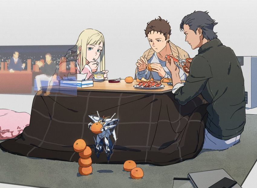 2boys black_hair blonde_hair brown_eyes brown_hair carpet commentary_request crab eating female food fruit gigi_andalusia green_eyes gundam gundam_hathaway's_flash hathaway_noa holographic_monitor ice_cream kenneth_sleg kotatsu mandarin_orange mishio multiple_boys orange_(fruit) protected_link scissors table xi_gundam