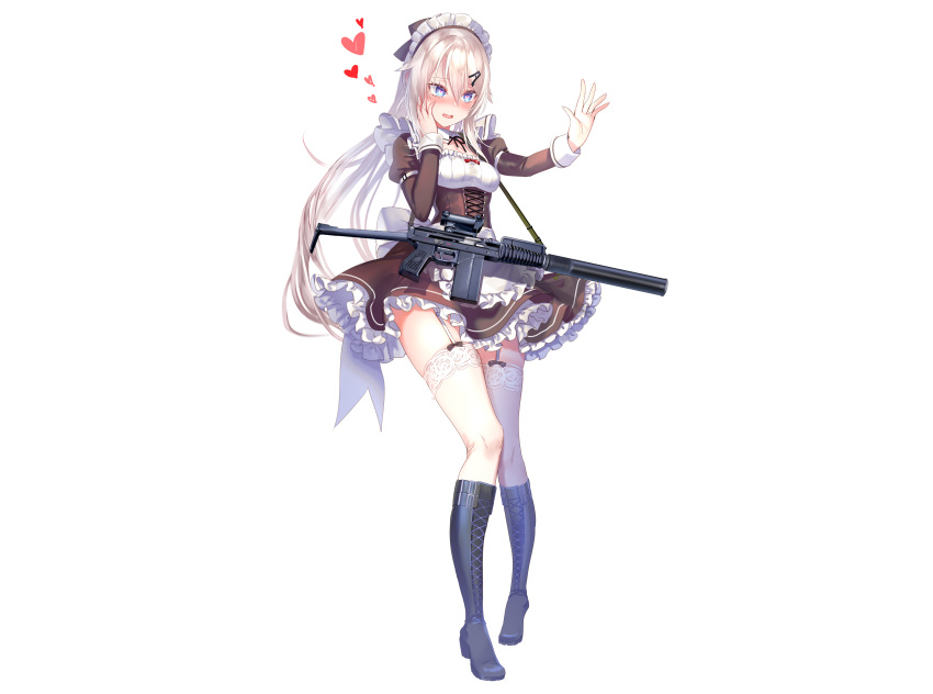 9a-91_(girls_frontline) anthro apron aqua_eyes blonde_hair blush boots corset garter_belt girls_frontline gun headdress heart long_hair maid pottsness stockings weapon white