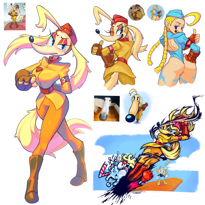 1:1 2023 absurd_res anthro cammy_white canid canine canis capcom clothed clothing cuphead_(character) cuphead_(game) digital_media_(artwork) domestic_dog female female_human group hi_res human hunting_dog let_me_do_it_for_you long_snout male mammal meme ms._chalice multiple_images reapers969 saluki sgt._o'fera_(cuphead) sighthound smile snout street_fighter