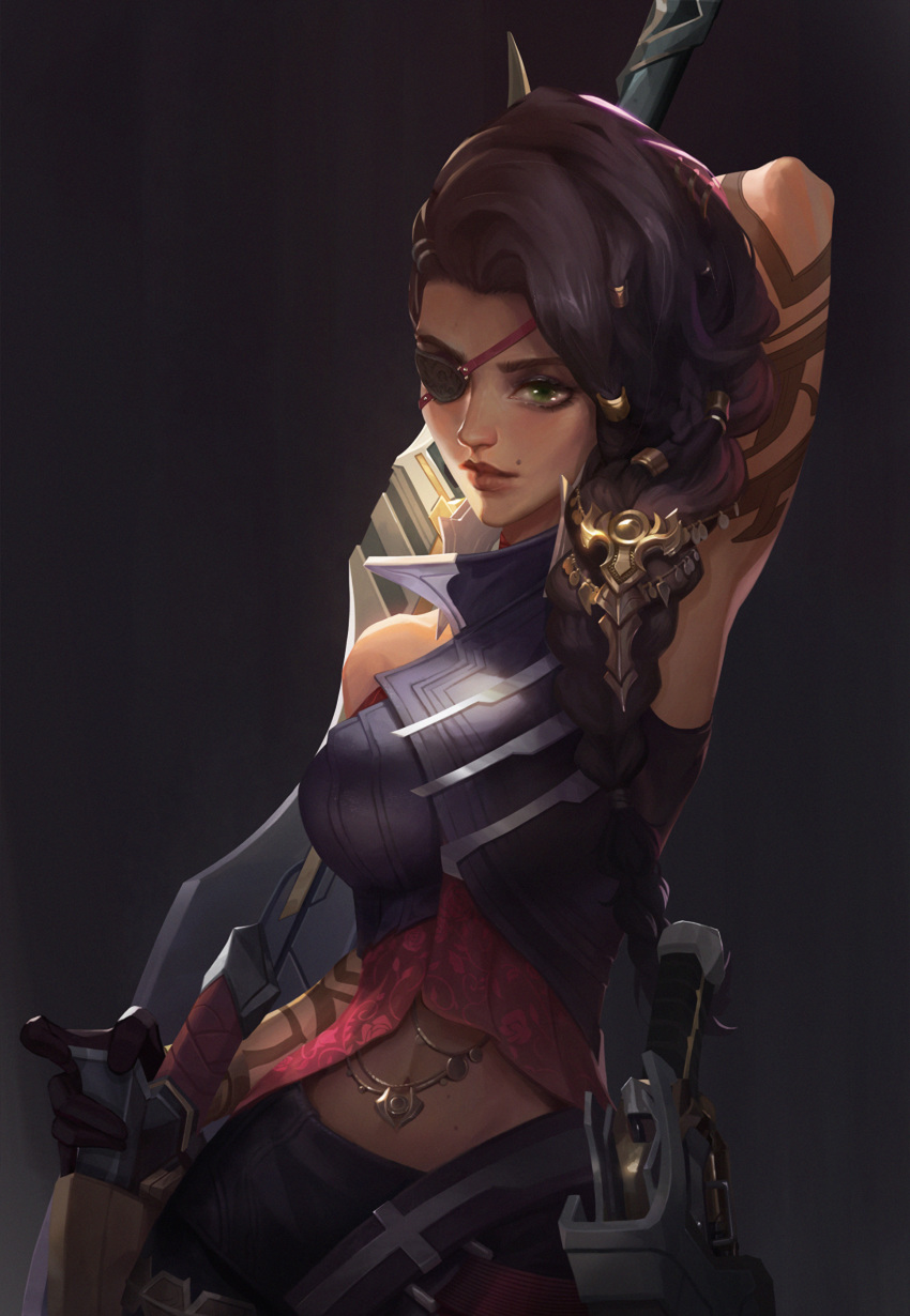 absurdres arm_tattoo arm_up arms_up bad_id bad_pixiv_id bare_shoulders black_background braid brown_hair closed_mouth commentary dual_wielding eyepatch female green_eyes gun handgun highres holding holding_gun holding_sword holding_weapon holster holstered league_of_legends long_hair midriff mole mole_above_mouth navel samira solo sword tattoo weapon wifc