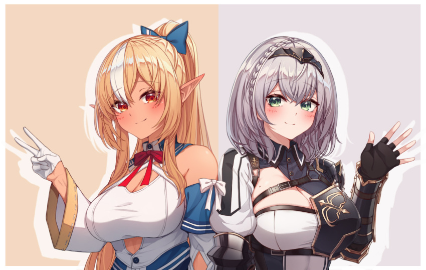 2girls arm_guards armor bare_shoulders black_gloves blonde_hair blue_bow blush bow bowtie braid breastplate breasts cleavage_cutout closed_mouth clothing_cutout collared_dress commentary dark-skinned_female dark_skin dress elf fingerless_gloves gloves green_eyes grey_hair hairbow half_gloves hand_up hololive large_breasts long_hair long_sleeves looking_at_viewer medium_hair mole mole_on_breast multiple_girls pointy_ears ponytail red_bow red_bowtie red_eyes ribbon-trimmed_sleeves ribbon_trim shiranui_flare shiranui_flare_(1st_costume) shirogane_noel shirogane_noel_(1st_costume) smile striped tang-du tiara v virtual_youtuber white_dress white_gloves white_hair