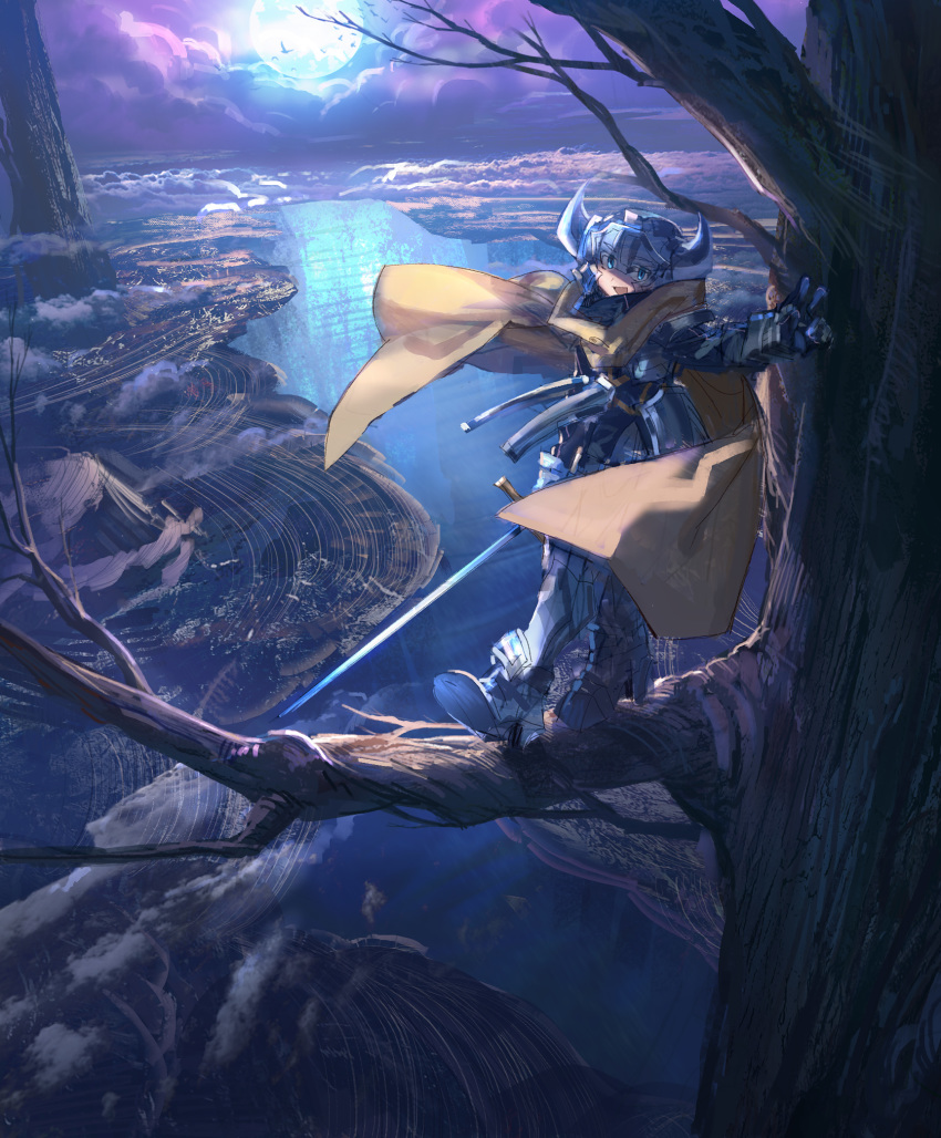 :d armor armored_boots bad_id bad_pixiv_id bare_tree blue_eyes blue_moon boots breastplate cape cloud eyes_visible_through_headwear fake_horns faulds female full_moon gauntlets gloves greaves helmet high_heel_boots high_heels highres holding holding_sword holding_weapon horned_helmet horns in_tree knight_(shichigatsu) looking_at_viewer moon moonlight night open_mouth original outdoors photoshop_(medium) purple_sky river scenery shichigatsu sky smile solo standing sword tree v water weapon yellow_cape