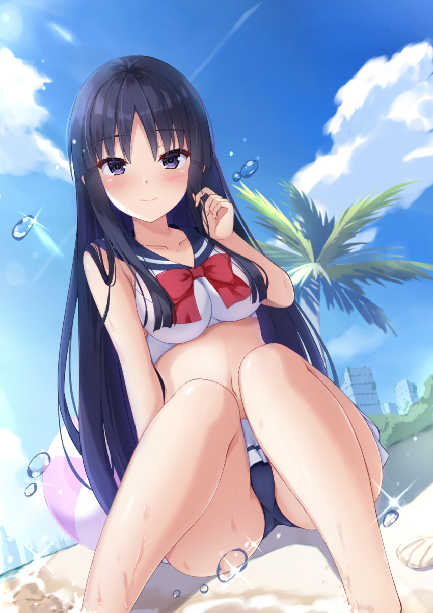 assault_lily bare_arms bare_legs bare_shoulders beach bikini black_bikini black_hair bow bowtie breasts crop_top day female gungun_(hakutou7887) highres knees_up long_hair looking_at_viewer medium_breasts midriff navel outdoors purple_eyes sailor_bikini sailor_collar shirai_yuyu sitting sleeveless smile solo stomach swimsuit very_long_hair