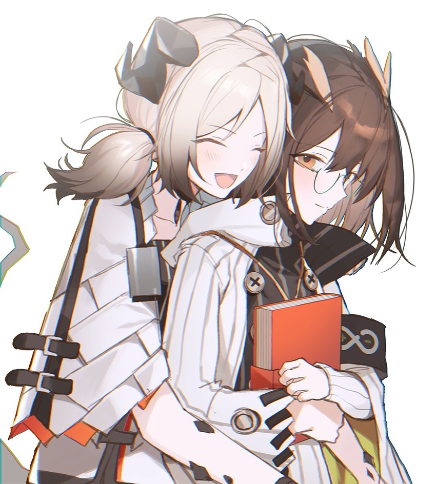 2girls :d ^_^ animal_ears arknights bad_id bad_twitter_id book brown_hair closed_eyes commentary_request dress eojjeodagaileohgedwaessji feather_hair glasses hair_between_eyes highres holding holding_book horns hug hug_from_behind ifrit_(arknights) jacket korean_commentary logo long_sleeves looking_at_viewer material_growth medium_hair multiple_girls open_mouth orange_eyes oripathy_lesion_(arknights) owl_ears platinum_blonde_hair rhine_lab_logo shirt short_hair silence_(arknights) simple_background smile white_background