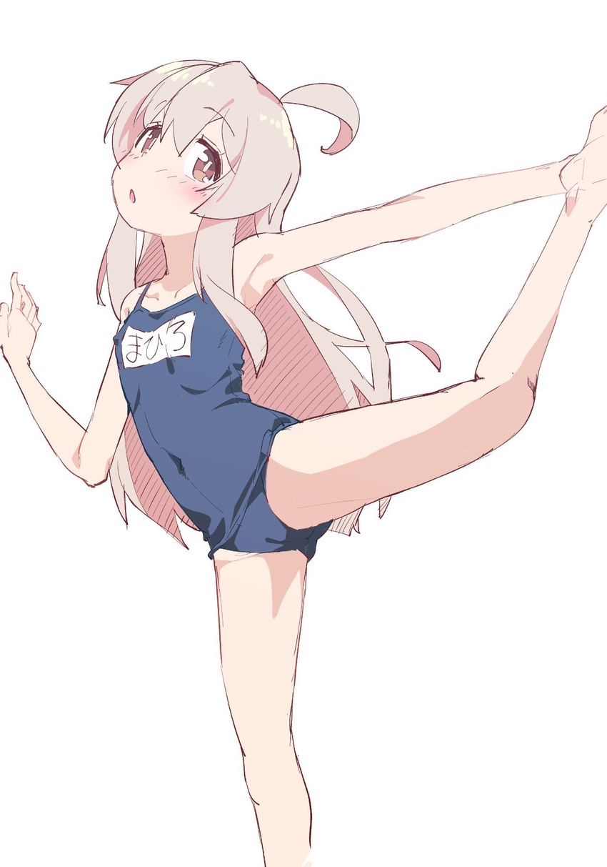 ahoge armpits bangs bare_arms bare_legs bare_shoulders barefoot blonde_hair brown_eyes collarbone commentary female flat_chest foot_out_of_frame hair_between_eyes highres leg_up legs long_hair looking_at_viewer matatabi_(2ccp) name_tag onii-chan_wa_oshimai! open_mouth oyama_mahiro simple_background solo white_background