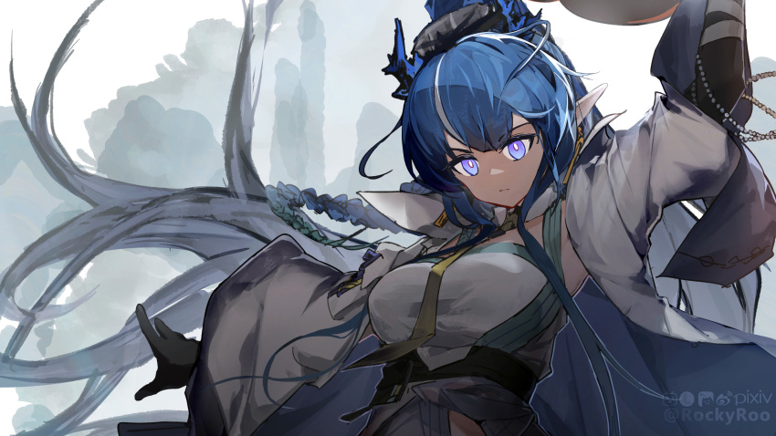 arknights arm_up artist_name black_gloves blue_cape blue_eyes blue_hair braid breasts bright_pupils cape closed_mouth dragon_horns elbow_gloves female gloves high_ponytail highres horns large_breasts ling_(arknights) long_hair long_sleeves looking_at_viewer necktie rockyroo side_braid solo underbust upper_body very_long_hair wide_sleeves yellow_necktie