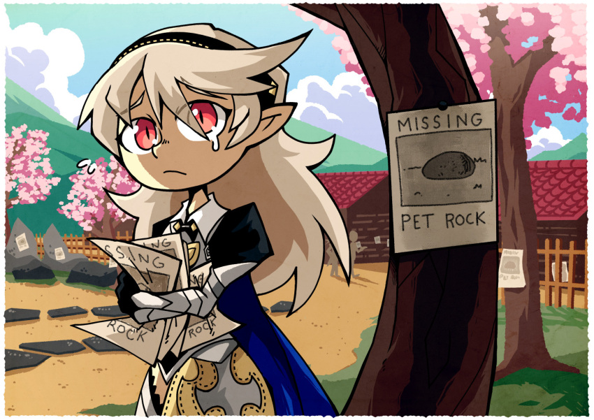 black_hairband blue_cape blue_sky boulder cape cherry_blossoms cloud commission corrin_(fire_emblem) corrin_(fire_emblem)_(female) female fence fire_emblem fire_emblem_fates frown grass hairband long_hair looking_at_viewer missing_poster mountain pet_rock platinum_blonde_hair pointy_ears red_eyes sad setz sky slit_pupils teardrop tree