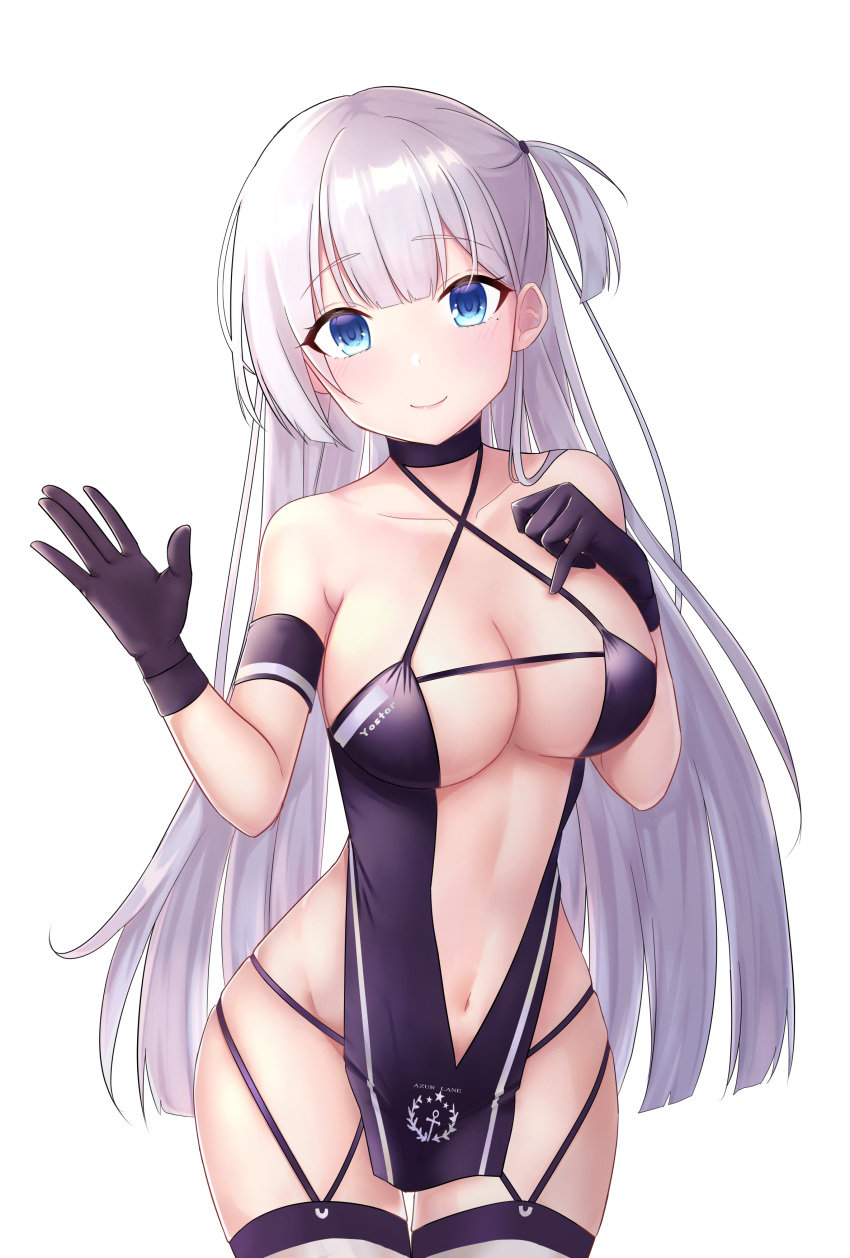 absurdres alternate_costume armband azur_lane bare_shoulders black_gloves blue_eyes breasts cleavage cloud collarbone commentary_request confetti cowboy_shot criss-cross_halter female flag gloves halterneck hand_on_own_chest highres jyu-so large_breasts logo long_hair looking_at_viewer mole mole_under_eye navel official_alternate_costume one_side_up petals race_queen revealing_clothes shoukaku_(azur_lane) shoukaku_(sororal_wings)_(azur_lane) simple_background sky smile solo thighhighs waving white_background white_hair white_thighhighs