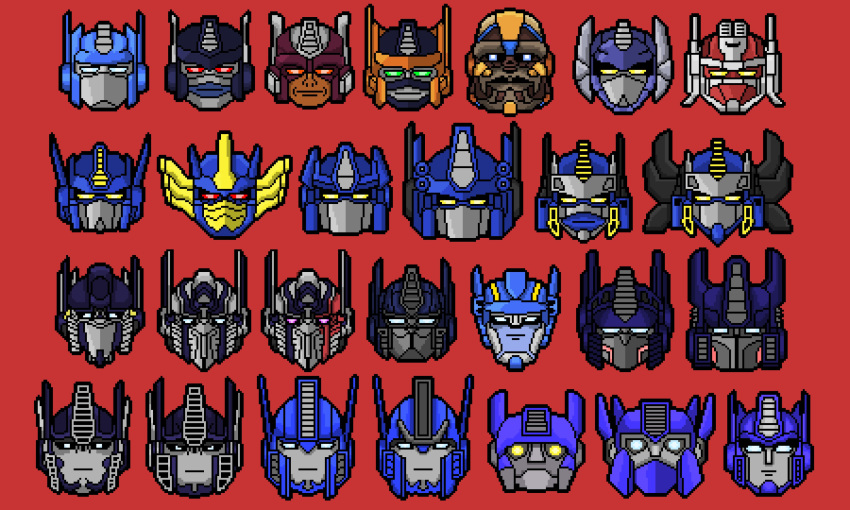 6+boys absurdres art_likes_robots autobot beast_machines beast_wars beast_wars:_transformers blue_eyes bumblebee_(film) convoy_(armada) english_commentary fire_convoy frown galaxy_convoy grand_convoy head_only headgear highres mecha multiple_boys multiple_persona no_humans optimal_optimus optimus_primal optimus_prime optimus_prime_(animated) optimus_prime_(idw) optimus_prime_(transformers_prime) pixel_art powermaster_optimus_prime red_background red_eyes robot transformers transformers:_age_of_extinction transformers:_dark_of_the_moon transformers:_fall_of_cybertron transformers:_generation_1 transformers:_rescue_bots transformers:_rescue_bots_academy transformers:_revenge_of_the_fallen transformers:_robots_in_disguise_(2015) transformers:_the_last_knight transformers:_war_for_cybertron transformers_(live_action) transformers_animated transformers_armada transformers_car_robots transformers_cybertron transformers_cyberverse transformers_energon transformers_prime transformers_unicron_trilogy yellow_eyes