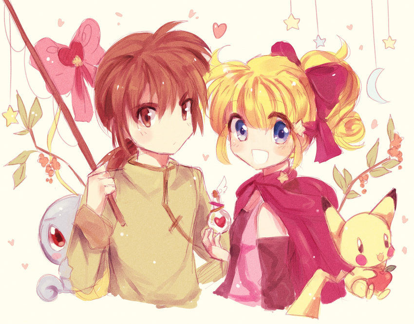 1boy :d almond_(pokemon) apple blonde_hair blush breasts brown_eyes brown_hair cape commentary crescent english_commentary female food fruit hair_ribbon happy hazel_(pokemon) heart highres holding holding_food holding_fruit kash-phia long_hair long_sleeves looking_at_viewer love_potion magical_pokemon_journey medium_hair open_mouth pikachu pink_ribbon pokemon pokemon_(creature) purple_eyes ribbon small_breasts smile squirtle star_(symbol) upper_body