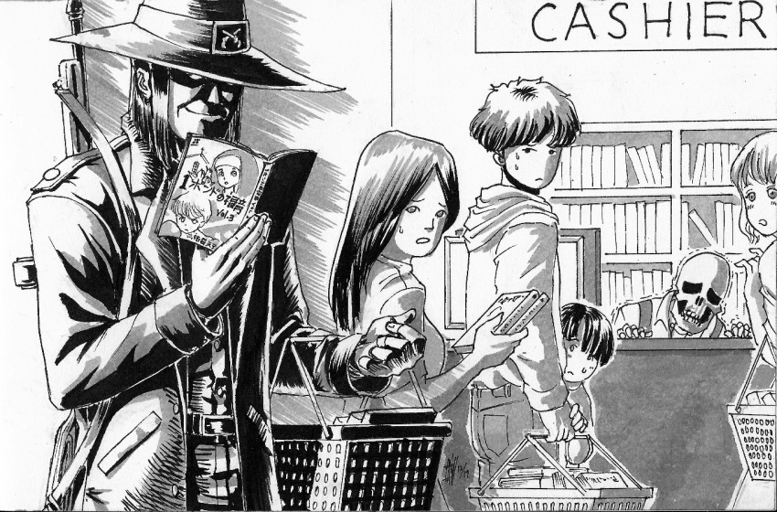 1_pound_no_fukuin 2girls 4boys belt_buckle blood_(game) blood_2 blush book bookshelf buckle buttons caleb_(blood) coat collared_shirt commentary cowboy_hat crossover denim desk english_commentary eyes_in_shadow frown gaikotsu_shotenin_honda-san greyscale gun_sling hanataka_kosaku hat hiding hiding_behind_another holding holding_book honda-san hood hoodie jeans long_hair monitor monochrome motion_lines multiple_boys multiple_girls open_clothes open_coat open_mouth pants parted_bangs queue reading shirt shopping_basket short_hair sign simple_background sister_angela skeleton smile straight_hair substance20 sweatdrop trembling trench_coat weapon weapon_on_back wing_collar