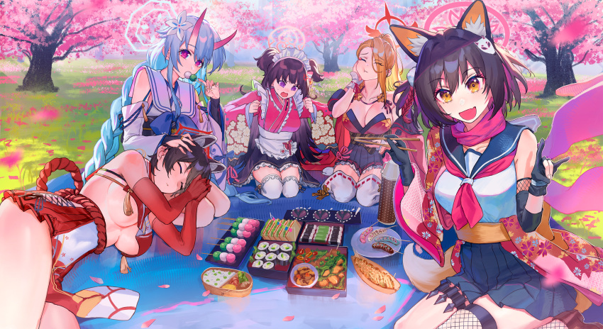 5girls absurdres aochoku black_hair blue_archive breasts chise_(blue_archive) chopsticks cleavage closed_eyes dango detached_sleeves food fox_shadow_puppet hair_between_eyes halo highres horns izuna_(blue_archive) large_breasts long_hair looking_at_viewer maid maid_headdress multiple_girls oni_horns outdoors pina_(blue_archive) pink_halo purple_eyes sanshoku_dango scarf shizuko_(blue_archive) short_hair sleeping tsubaki_(blue_archive) wa_maid wagashi