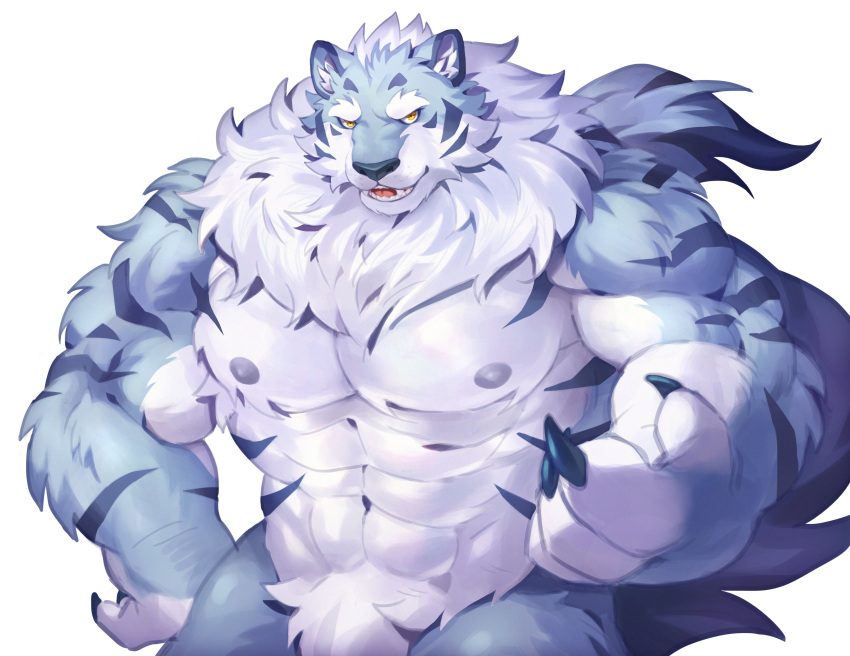 2022 abs absurd_res anthro blue_body blue_fur digital_drawing_(artwork) digital_media_(artwork) felid fur hi_res male mammal muscular muscular_anthro muscular_male nude pantherine pecs simple_background solo striped_body striped_fur stripes tiger white_background yed yellow_eyes