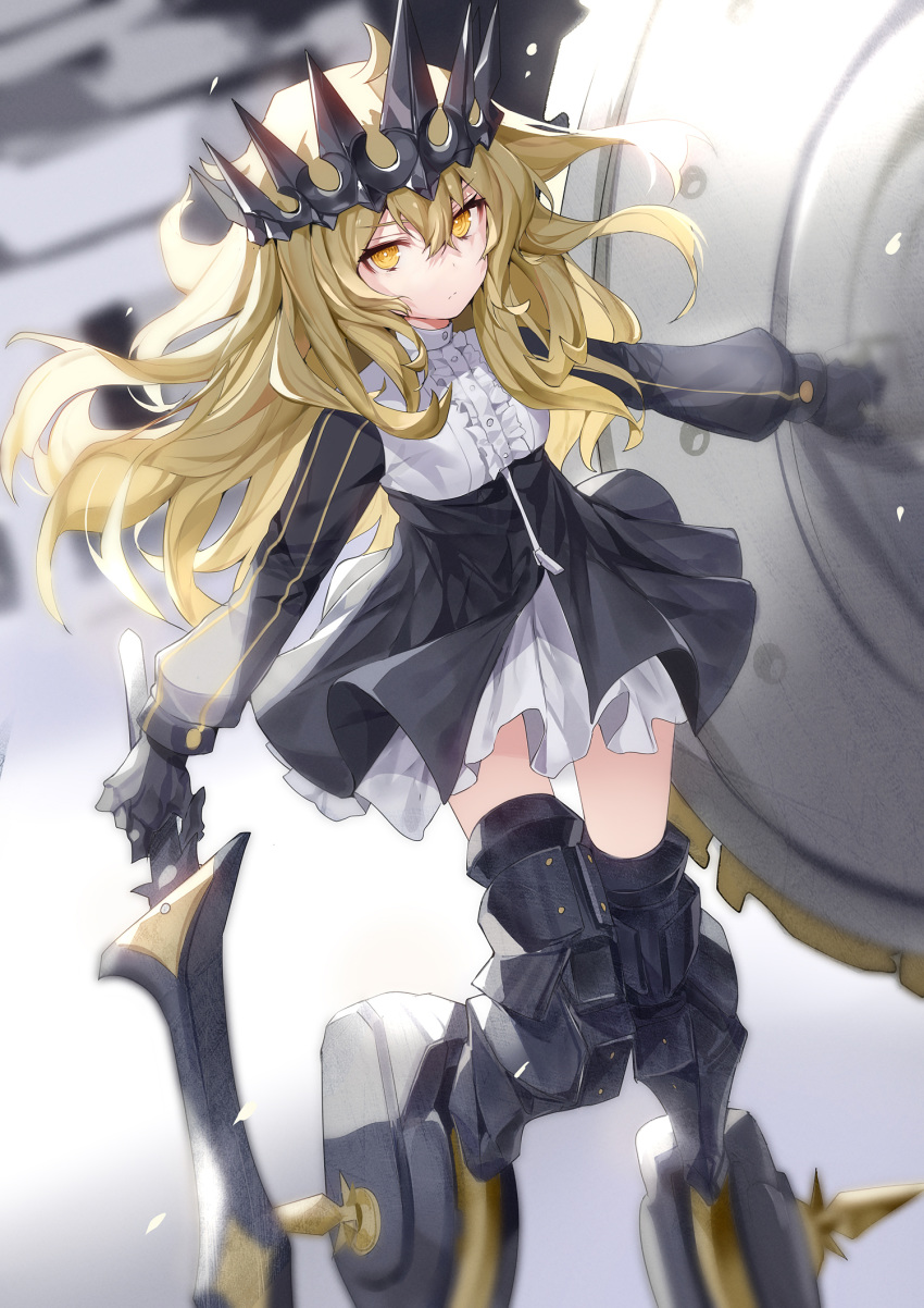 @_@ armored_boots black_gloves black_rock_shooter blonde_hair blurry blurry_background boots center_frills chariot_(black_rock_shooter) closed_mouth commentary crown depth_of_field dress duplicate female floating_hair frilled_dress frills gloves gradient_background grey_background hair_between_eyes headpiece highres holding holding_shield holding_sword holding_weapon long_hair long_sleeves looking_at_viewer pixel-perfect_duplicate raglan_sleeves ronopu serious shield solo sword symbol-only_commentary thigh_boots thighhighs v-shaped_eyebrows very_long_hair weapon white_background white_dress yellow_eyes zettai_ryouiki