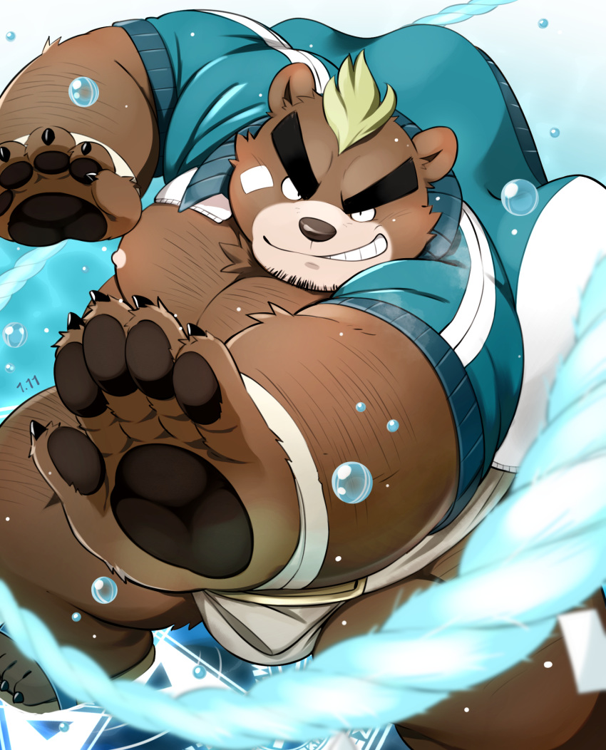 1boy animal_ears animal_hands ashigara_(housamo) bara bare_pectorals bear_boy bear_ears brown_fur bulge facial_hair foot_out_of_frame foreshortening forked_eyebrows furry furry_male goatee green_hair highres jacket kinoshita_jiroh loincloth male_focus mature_male muscular muscular_male nipples open_clothes open_jacket pectorals perspective plump short_hair smirk solo stubble sumo thick_eyebrows thick_thighs thighs tokyo_afterschool_summoners track_jacket