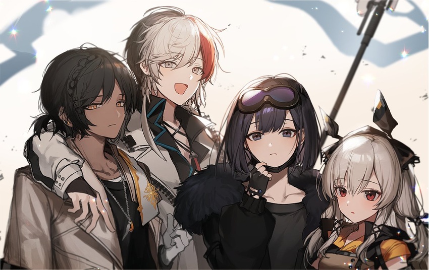 2boys 2girls :d andreana_(arknights) arknights bad_id bad_twitter_id black_gloves black_hair black_jacket black_shirt blue_eyes blush breasts coat collarbone dark-skinned_male dark_skin detached_sleeves dress earrings elysium_(arknights) eojjeodagaileohgedwaessji expressionless feather_hair fingerless_gloves fur-trimmed_jacket fur_trim gloves goggles goggles_on_head grey_dress grey_hair hair_ornament hairband hand_up jacket jewelry korean_commentary long_hair long_sleeves looking_at_viewer multicolored_hair multiple_boys multiple_girls multiple_piercings necklace open_clothes open_coat open_jacket open_mouth orange_eyes purple_hair red_eyes red_hair ribbon shirt short_hair smile staff streaked_hair thorns_(arknights) upper_body very_long_hair weedy_(arknights) white_coat