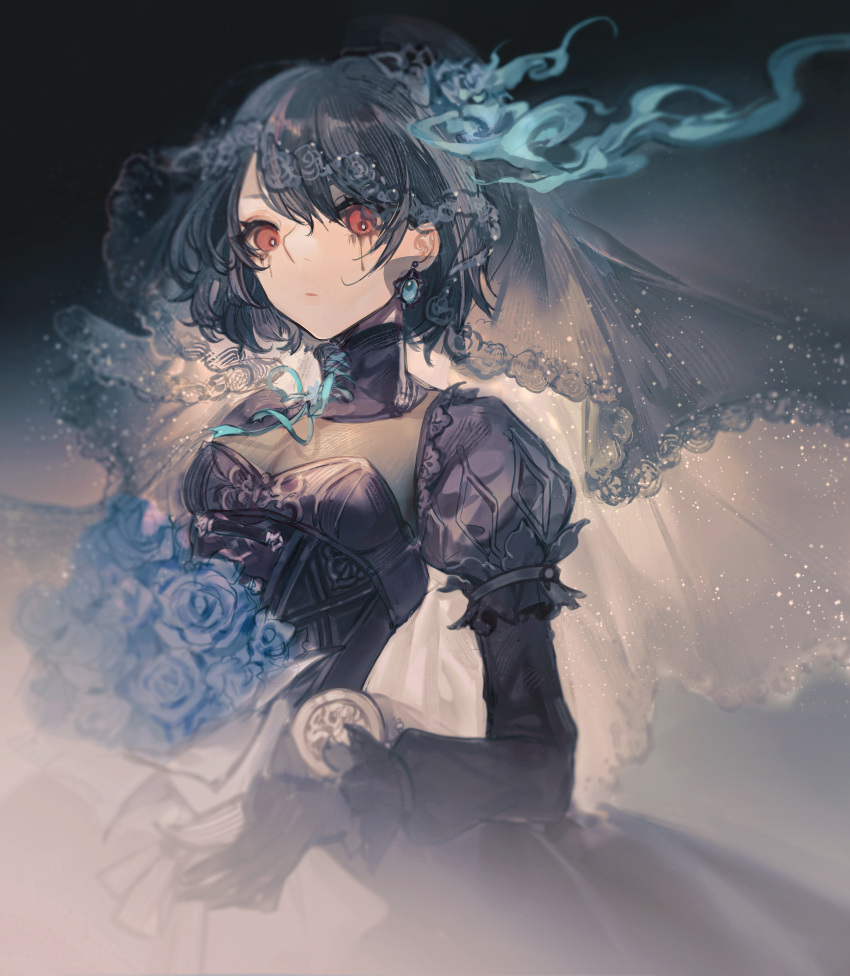 absurdres alice_(sinoalice) black_dress black_gloves bouquet choker closed_mouth commentary corset dress earrings expressionless facepaint female flower gloves gothic_lolita highres holding holding_flower jewelry lolita_fashion looking_at_viewer puffy_short_sleeves puffy_sleeves red_eyes rose senryoko short_sleeves sinoalice solo veil