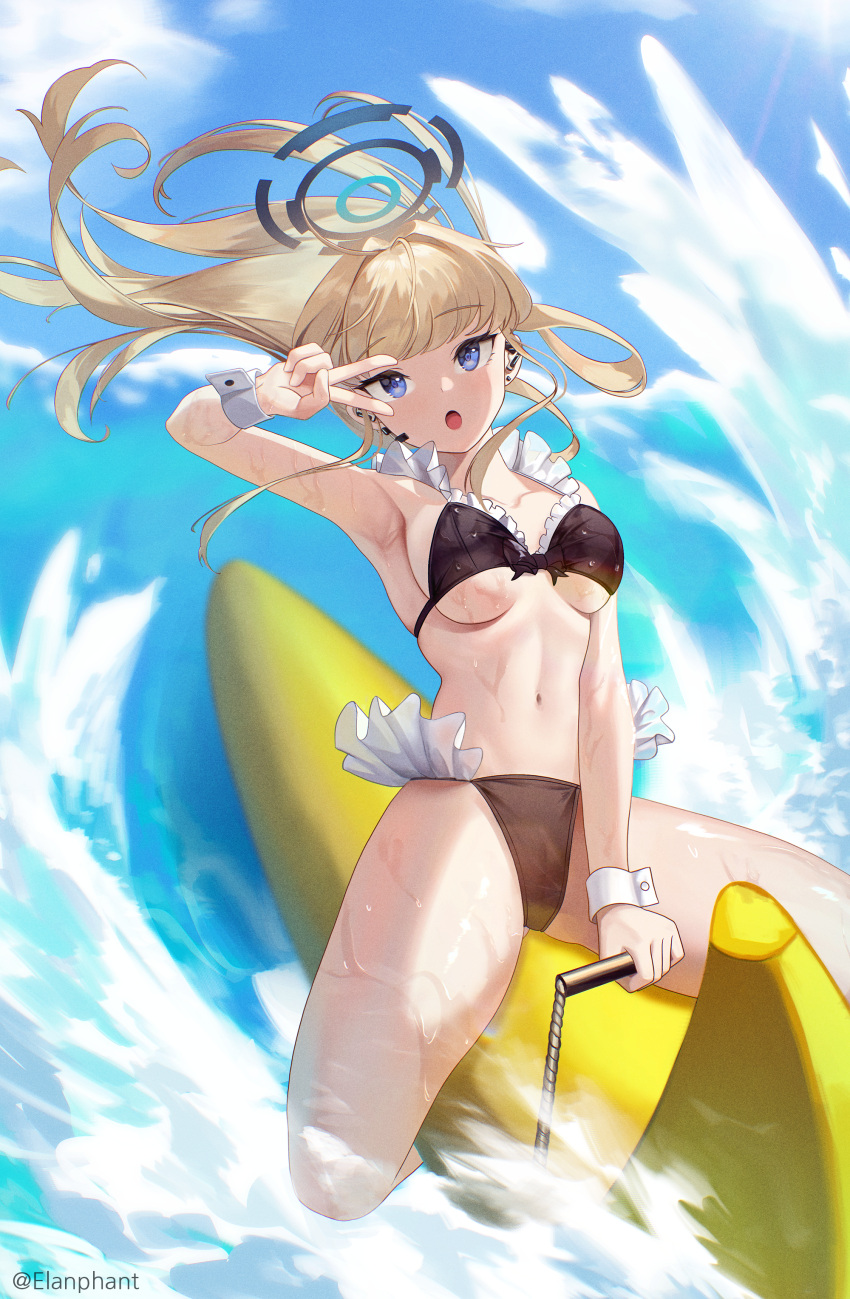 :o absurdres alternate_costume armpits banana_boat bikini black_bikini blonde_hair blue_archive blue_eyes blue_halo blue_sky breasts day elanphant female halo highres large_breasts long_hair looking_at_viewer navel ocean open_mouth riding sideboob sky solo stomach swimsuit toki_(blue_archive) underboob v_over_eye wrist_cuffs