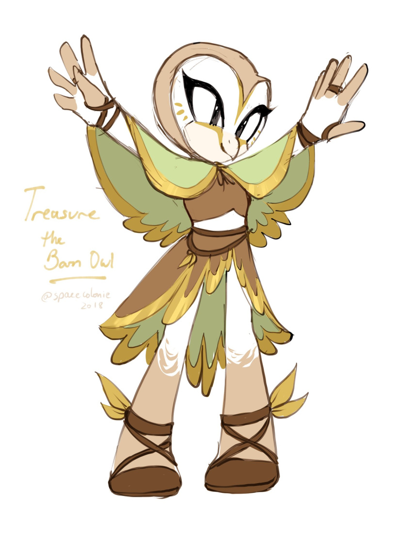 2018 anthro avian barn_owl beak bird black_eyes brown_body character_name clothing extended_arms eyelashes fan_character female hi_res owl raised_arms raised_hand sega simple_background solo sonic_the_hedgehog_(series) spacecolonie species_name standing string_bow text tied_string tyto tytonid white_background white_body