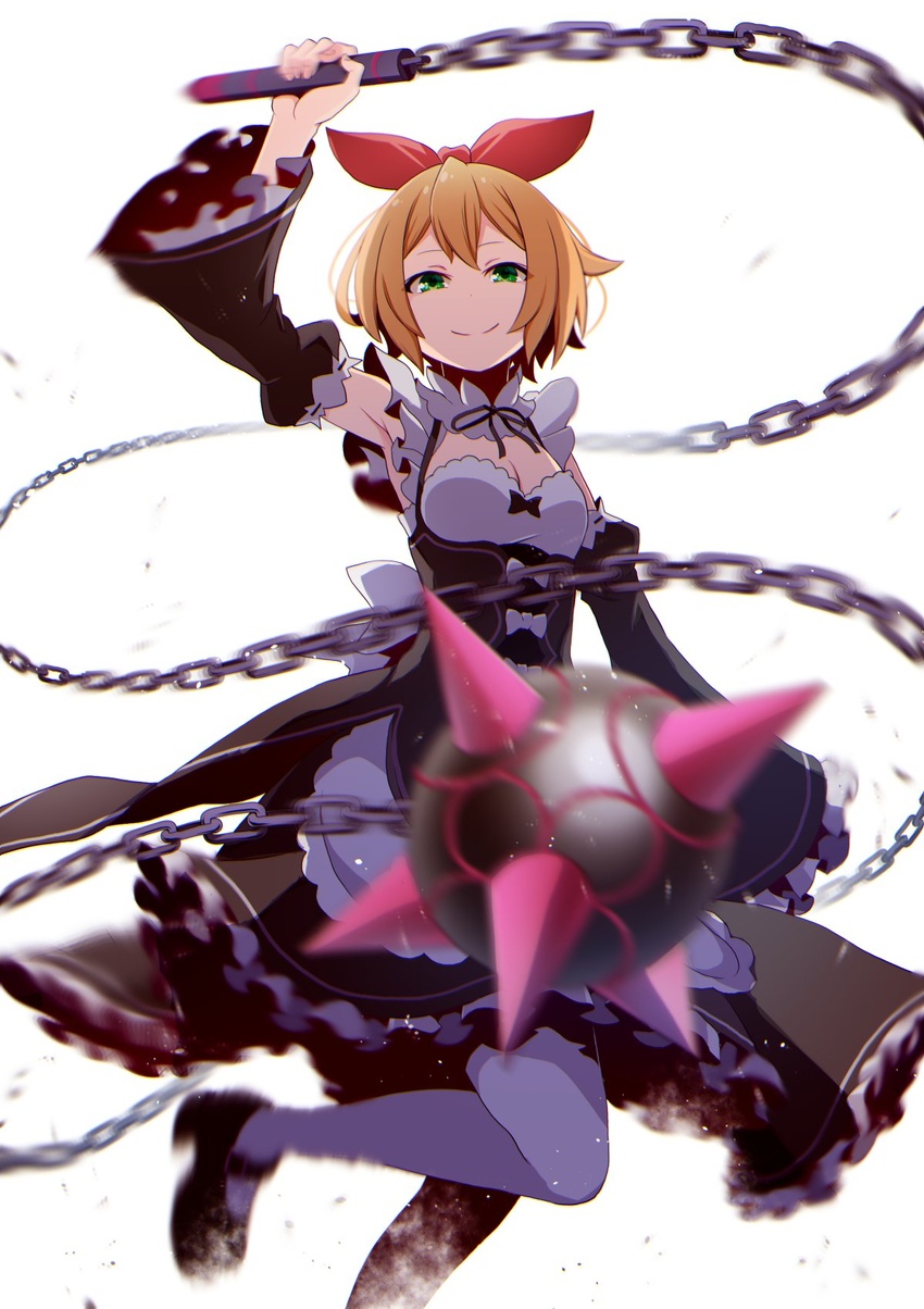 alternate_costume apron armpit_peek armpits ball_and_chain_(weapon) bob_cut bow bow_hairband breasts chains cleavage collared_dress detached_sleeves dress female frilled_dress frills green_eyes hair_between_eyes hair_ornament hairband hairbow highres holding holding_weapon incoming_attack looking_at_viewer maid maid_apron neck_ribbon orange_hair petra_leyte re:zero_kara_hajimeru_isekai_seikatsu red_ribbon ribbon roswaal_mansion_maid_uniform short_hair simple_background smug squinting weapon white_background yasehattagi