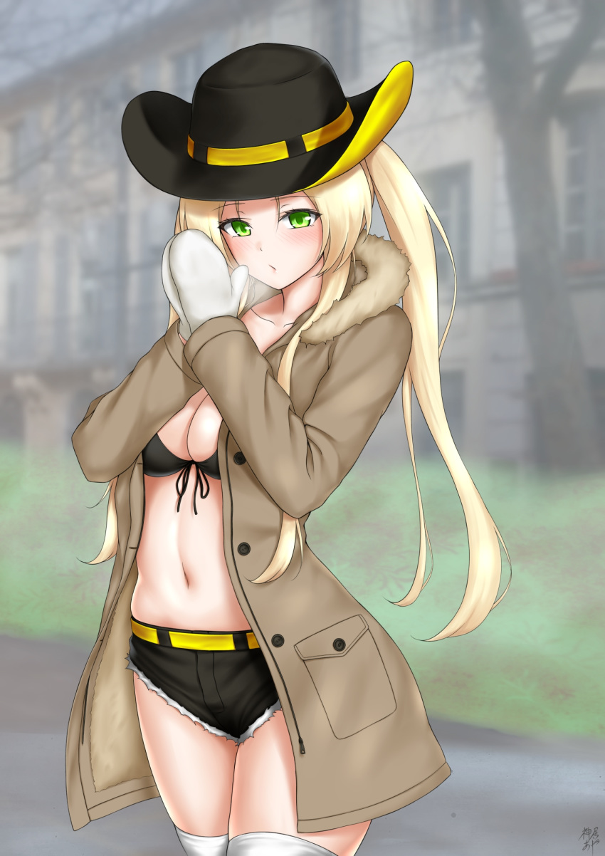 azur_lane bare_tree belt bikini bikini_top_only black_bikini black_hat black_shorts blonde_hair blowing blurry blurry_background blush breasts brown_jacket building cleavage collarbone commentary_request cowboy_hat cowboy_shot female front-tie_bikini_top front-tie_top fur-trimmed_jacket fur_trim green_eyes hat highres hornet_(azur_lane) jacket kamui_aya long_hair long_sleeves looking_at_viewer midriff mittens navel open_clothes open_jacket own_hands_together pocket short_shorts shorts sidelocks signature solo standing swimsuit thighhighs tree twintails white_mittens white_thighhighs window