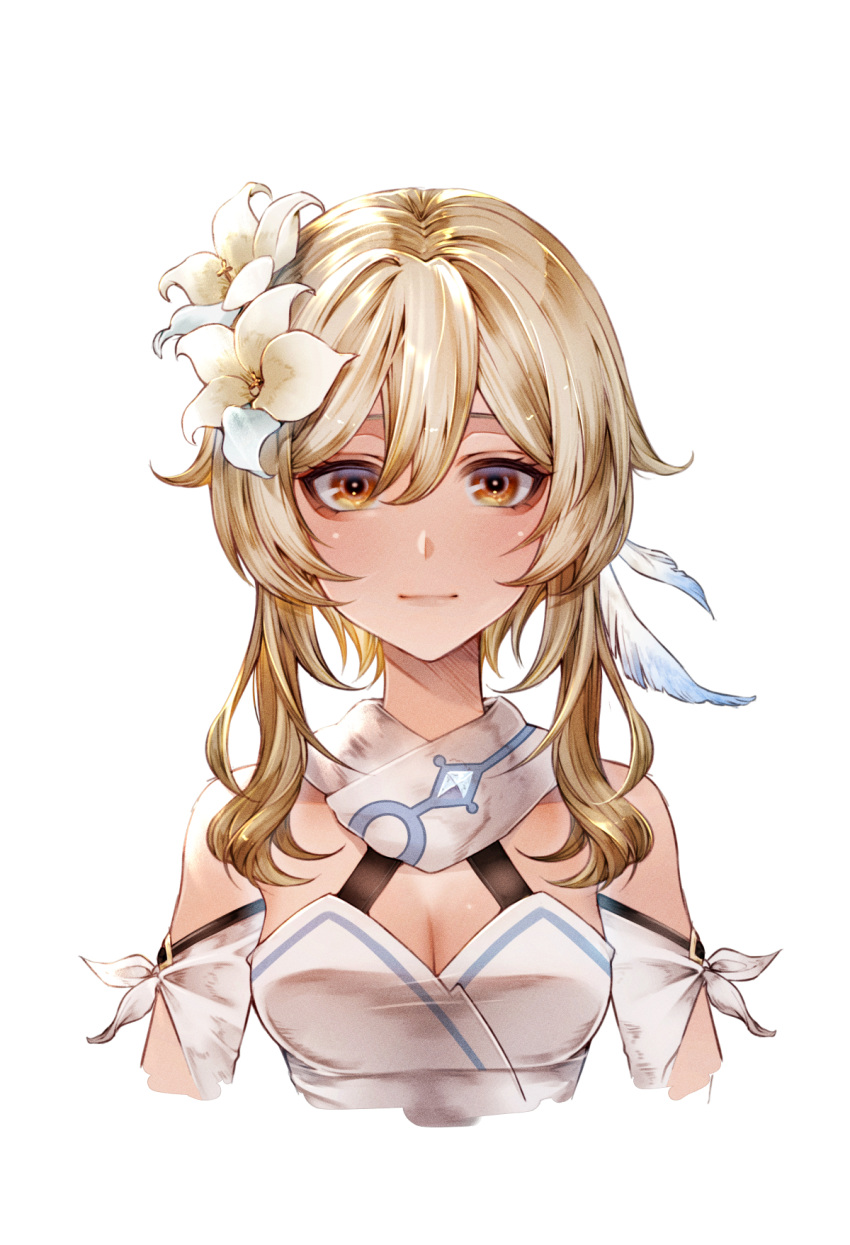 blonde_hair breasts cleavage detached_sleeves dress feather_hair_ornament feathers female flower genshin_impact hair_flower hair_ornament highres kokollet looking_at_viewer lumine_(genshin_impact) medium_breasts orange_eyes scarf short_hair_with_long_locks solo upper_body white_dress white_flower white_scarf