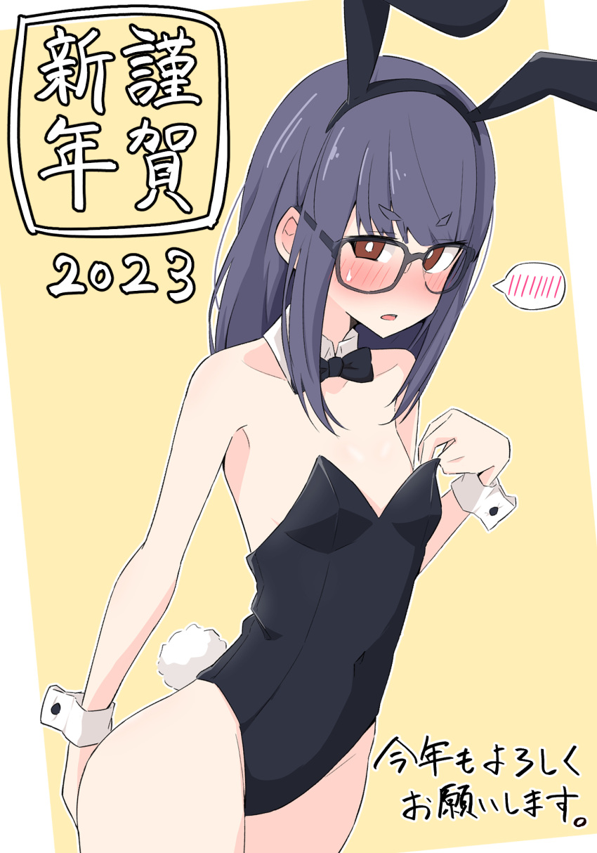 adjusting_clothes adjusting_leotard ame_(amechan17391739) animal_ears bare_legs black-framed_eyewear black_bow black_bowtie black_hair black_leotard blush bow bowtie bright_pupils brown_eyes chinese_zodiac collar commentary cowboy_shot detached_collar fake_animal_ears fake_tail female flat_chest frown glasses happy_new_year highres kotoyoro leotard long_hair looking_at_viewer new_year oogaki_chiaki open_mouth playboy_bunny rabbit_ears rabbit_tail solo spoken_blush standing strapless strapless_leotard sweatdrop tail translated white_collar white_pupils wing_collar wrist_cuffs year_of_the_rabbit yellow_background yurucamp