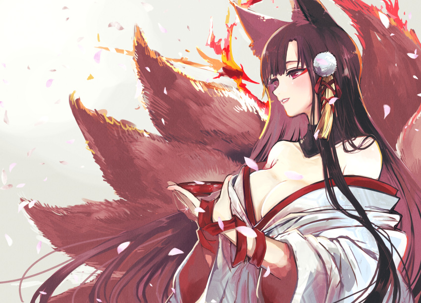 akagi_(azur_lane) akagi_(deep_crimson_poppy)_(azur_lane) animal_ears azur_lane bad_id bad_pixiv_id breasts brown_hair cherry_blossoms cleavage commentary cup dress eyeshadow female floating_hair fox_ears fox_tail hair_ornament highres japanese_clothes jewelry kimono large_breasts long_hair long_sleeves looking_away makeup multiple_tails off_shoulder official_alternate_costume parted_lips red_eyes red_ribbon ribbon ring sakazuki seiniku smile solo tail uchikake very_long_hair wedding_dress wedding_ring white_kimono wide_sleeves