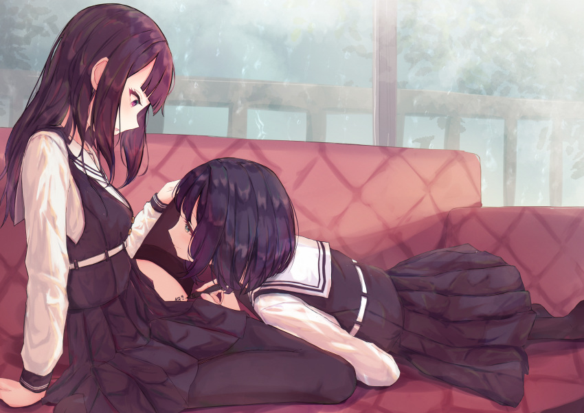 2girls absurdres aqua_eyes arm_support benevole black_hair black_pantyhose black_thighhighs body_writing couch highres holding holding_pen indoors long_hair long_sleeves looking_at_another looking_down lying multiple_girls on_side open_mouth original pantyhose pen purple_eyes school_uniform serafuku short_hair sitting thighhighs thighs writing yuri