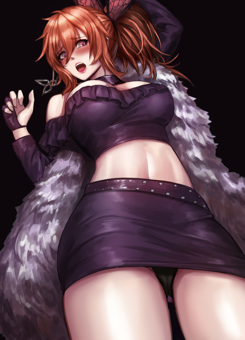 arm_up bad_id bad_pixiv_id black_background black_panties blush breasts brown_dust choker commentary_request cowboy_shot earrings embarrassed eyelashes female fingerless_gloves from_below fur_scarf gloves hair_between_eyes hair_ornament hand_up highres jewelry kibellin korean_commentary large_breasts medium_hair midriff miniskirt official_alternate_costume open_mouth orange_hair panties pantyshot photoshop_(medium) ponytail purple_eyes purple_gloves purple_shirt purple_skirt shiny_clothes shirt sidelocks simple_background skirt solo strapless underwear zenith_(brown_dust)