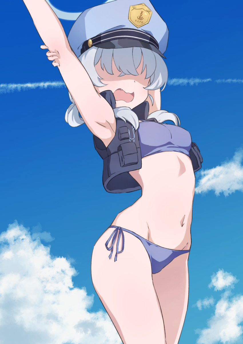 arm_up armpits arms_up bare_arms bare_shoulders bikini blue_archive blue_bikini blue_hat blue_sky blush breasts cloud cowboy_shot day female grey_hair groin hair_between_eyes halo hat highres jacket matsu520 md5_mismatch open_mouth outdoors peaked_cap presenting_armpit resolution_mismatch side-tie_bikini_bottom sky small_breasts solo source_smaller standing stomach swimsuit valkyrie_police_academy_student_(blue_archive) valkyrie_police_academy_student_(sg)_(blue_archive)